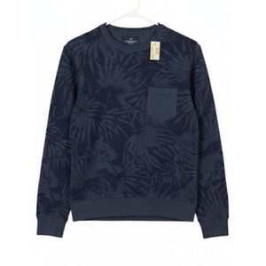 American Eagle mens small blue sweater paim print front Tpocket jersey cotton